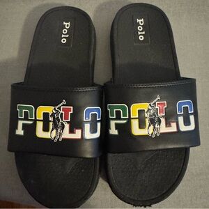 Boys Polo Black Slide Sandals with Multicolor Logo